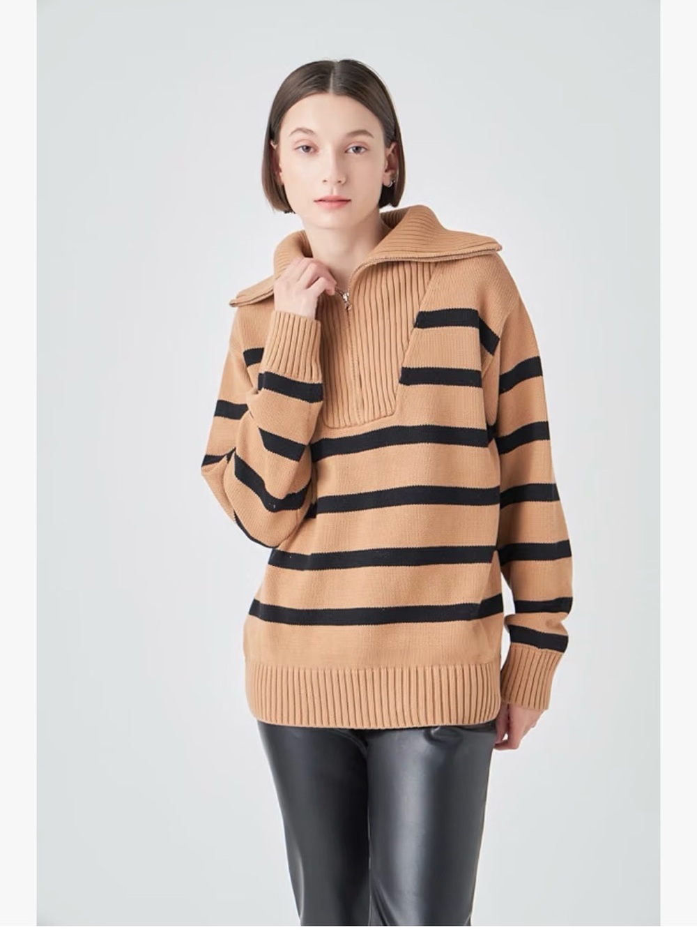 English Factory Camel & Black Striped Zip Funnel Sweater
